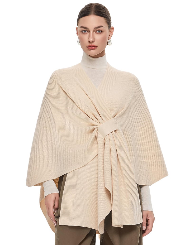 PULI Women's Shawl Wraps Ribbed Poncho Ruana Cape Open Front Cardigan Sweater Evening Dress for Fall Winter Beige - Image 1