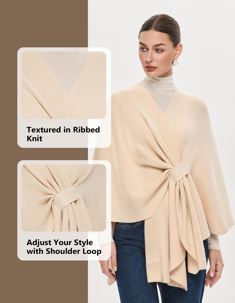 PULI Women's Shawl Wraps Ribbed Poncho Ruana Cape Open Front Cardigan Sweater Evening Dress for Fall Winter Beige - Image 5