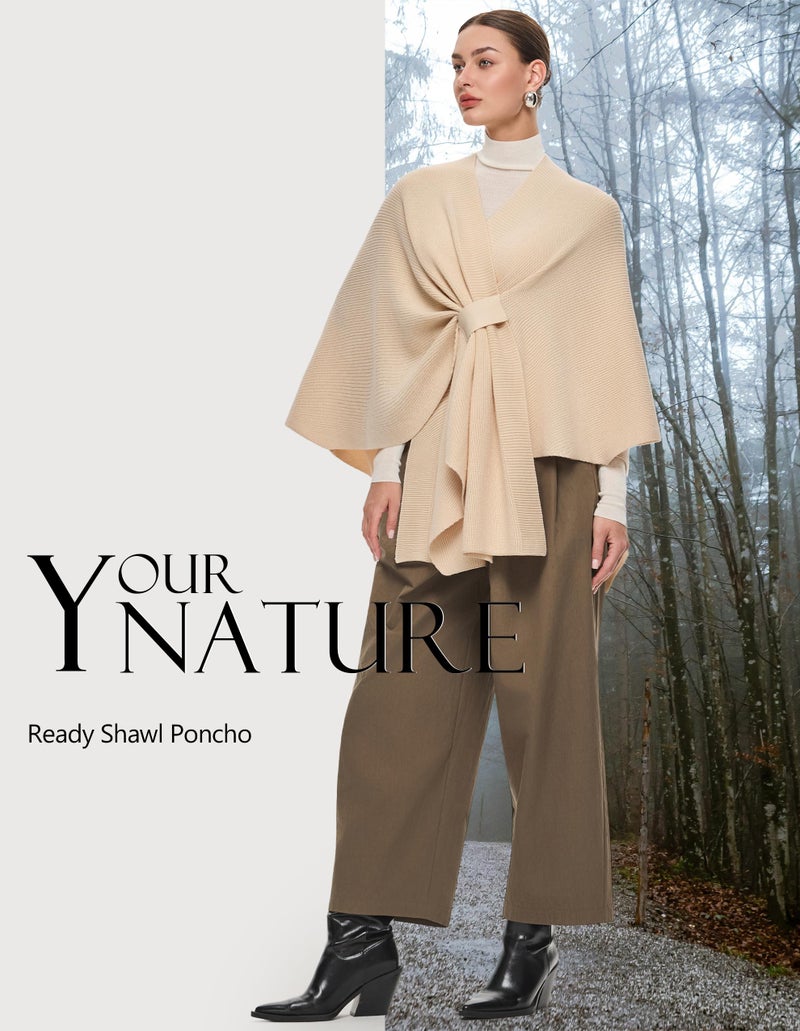 PULI Women's Shawl Wraps Ribbed Poncho Ruana Cape Open Front Cardigan Sweater Evening Dress for Fall Winter Beige - Image 3