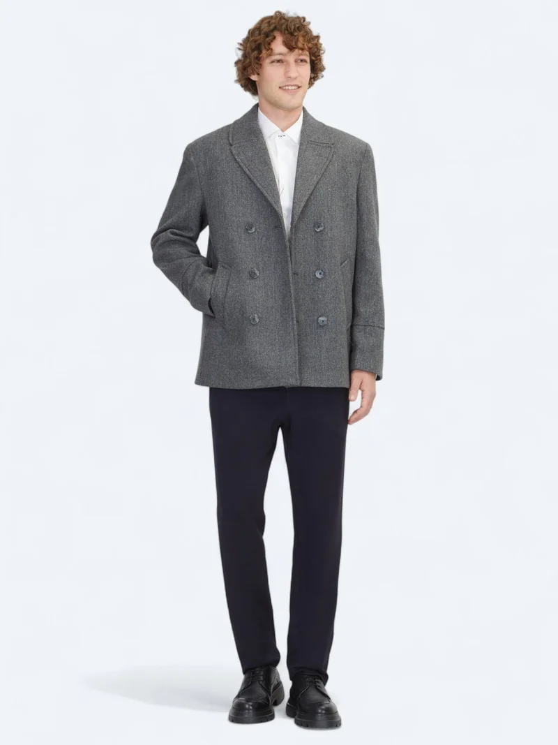 Kip Dark Grey Regular Fit Double Breasted Collar Casual Knitting Coat