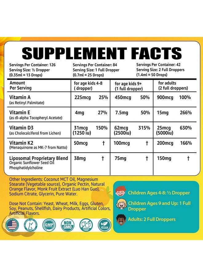 NEVISS Vitamin D3 Drops for Adults & Kids, Liposomal Vitamin D3 K2 MK-7 w/ Vitamin A & E - High Absorption Liquid K2 D3 Vitamin Supplement for - Calcium Absorption, Strong Bones, Teeth & Immune Health 2 Pack  - Image 2