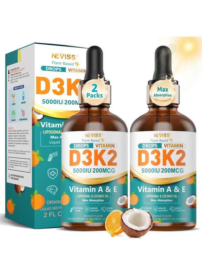 NEVISS Vitamin D3 Drops for Adults & Kids, Liposomal Vitamin D3 K2 MK-7 w/ Vitamin A & E - High Absorption Liquid K2 D3 Vitamin Supplement for - Calcium Absorption, Strong Bones, Teeth & Immune Health 2 Pack  - Image 1