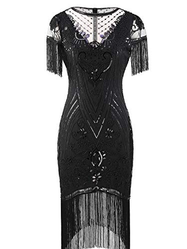 FAIRY COUPLE Women's 1920s Lace Neck Great Gatsby Dress Sequin Art Deco Flapper Dress with Sleeve D20S028 (XL, Glam Black) - Image 1