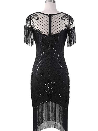 FAIRY COUPLE Women's 1920s Lace Neck Great Gatsby Dress Sequin Art Deco Flapper Dress with Sleeve D20S028 (XL, Glam Black) - Image 3