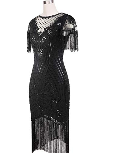 FAIRY COUPLE Women's 1920s Lace Neck Great Gatsby Dress Sequin Art Deco Flapper Dress with Sleeve D20S028 (XL, Glam Black) - Image 2