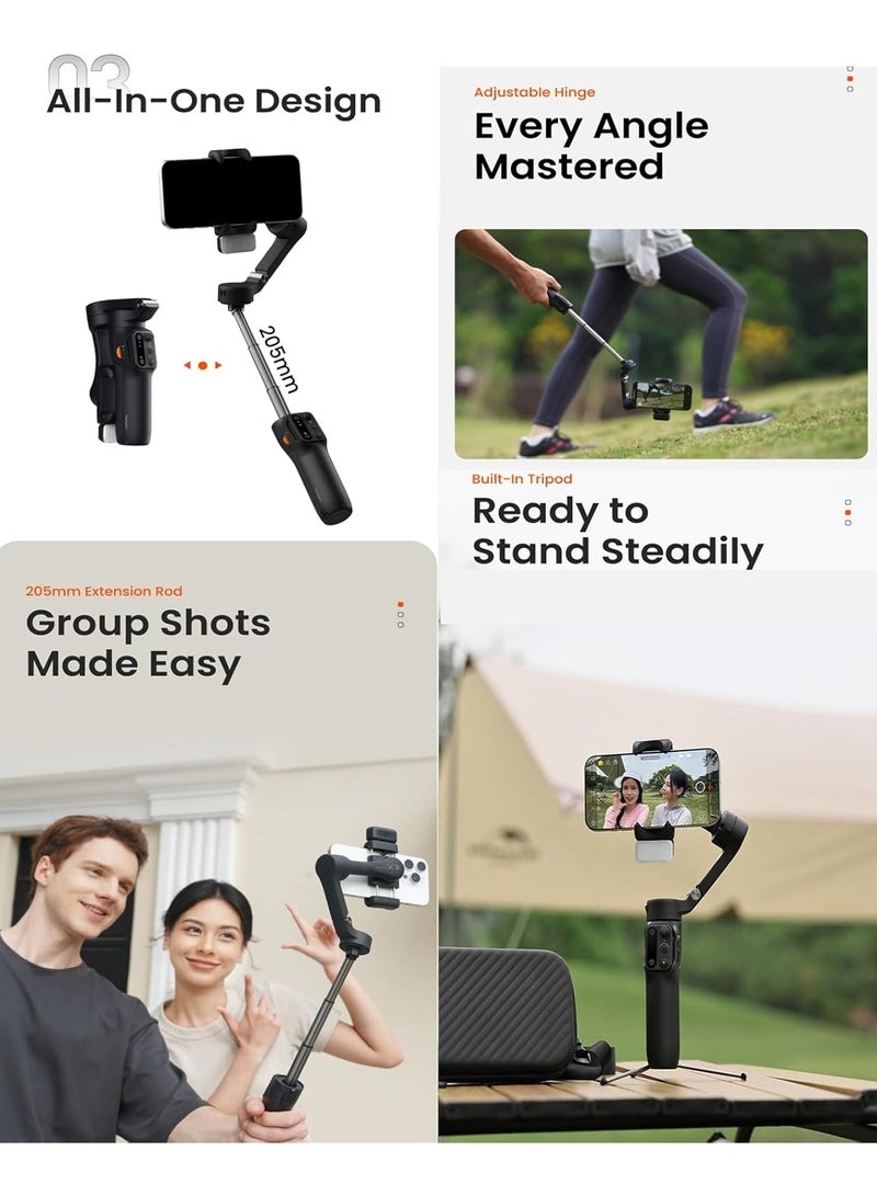 هوهم iSteady X3 جيمبال هاتف ذكي قابل للطي بثلاثة محاور مع قضيب سيلفي قابل للتمديد، جهاز تحكم عن بعد قابل للفصل وتتبع بالذكاء الاصطناعي (أسود) - Image 3
