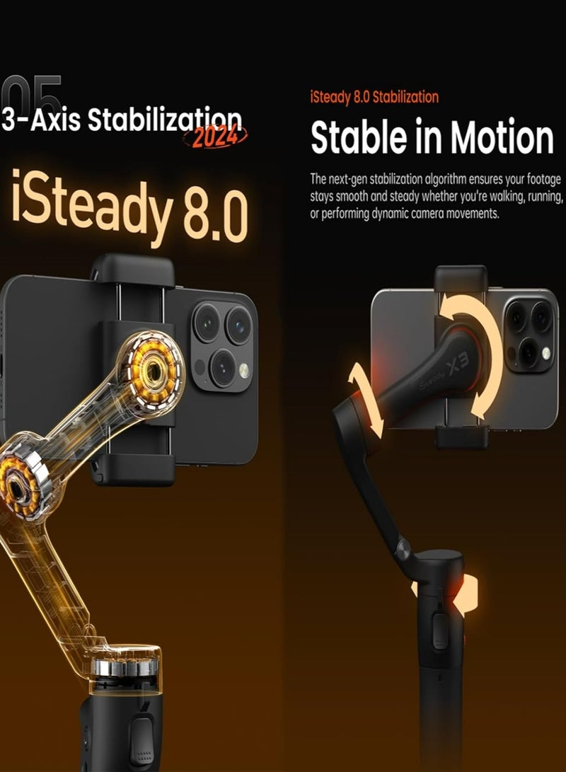 هوهم iSteady X3 جيمبال هاتف ذكي قابل للطي بثلاثة محاور مع قضيب سيلفي قابل للتمديد، جهاز تحكم عن بعد قابل للفصل وتتبع بالذكاء الاصطناعي (أسود) - Image 4