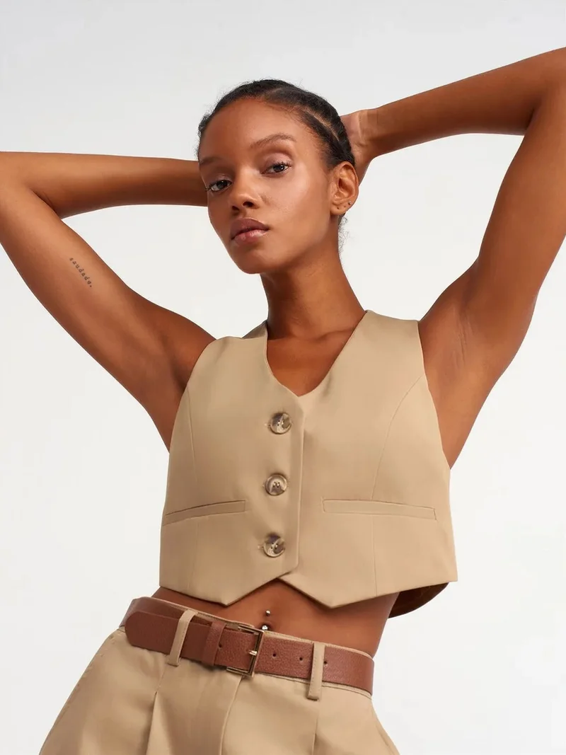 ديلفين Dilvin Cotton Poplin V-Neck Crop Blouse