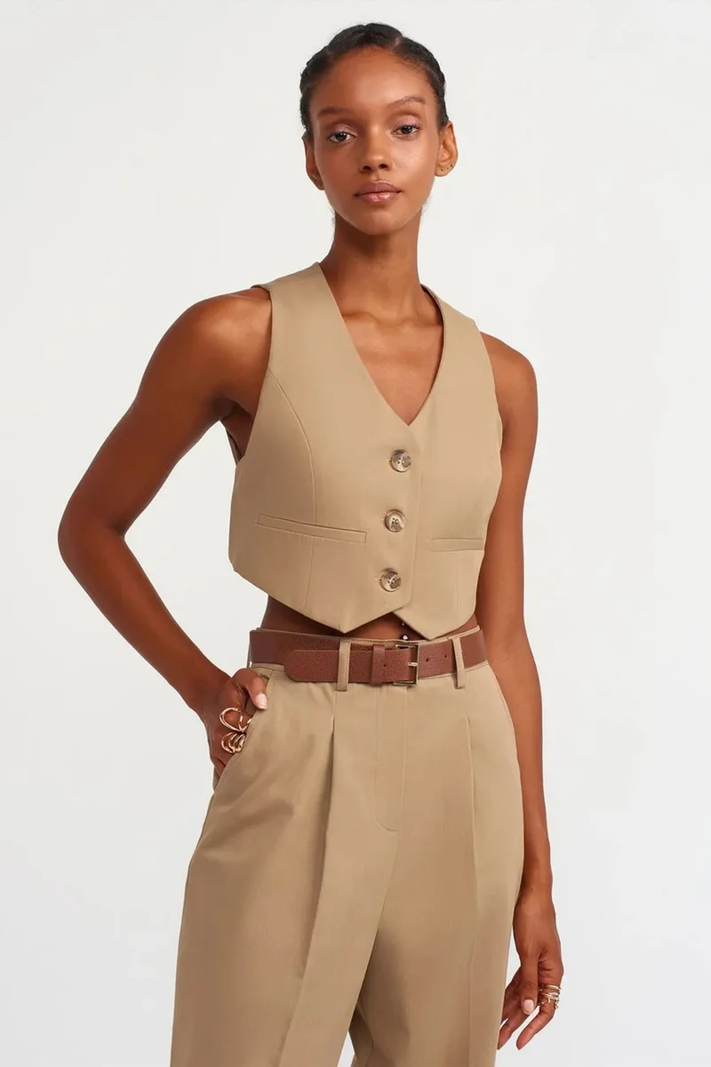 Dilvin Beige Natural DILVIN Cotton Poplin V-Neck Crop Blouse for Women | Best Price UAE
