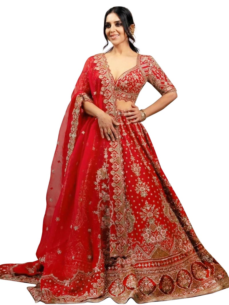 TRENDMALLS Women's Satin Embroidery with Golden Sequin work Lehenga Choli with Dupatta - Bridal Lehenga Choli for Women (L274-Red) SemiStitch - Image 1