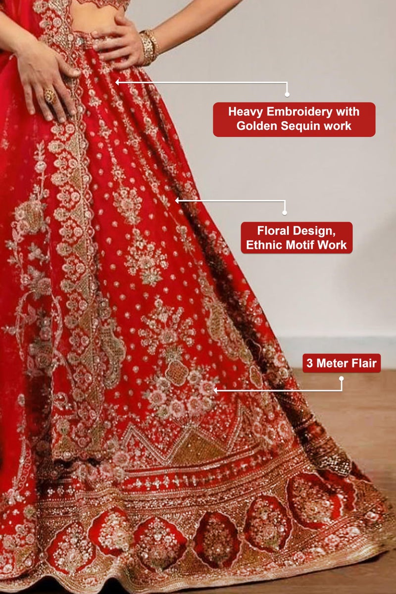 TRENDMALLS Women's Satin Embroidery with Golden Sequin work Lehenga Choli with Dupatta - Bridal Lehenga Choli for Women (L274-Red) SemiStitch - Image 4