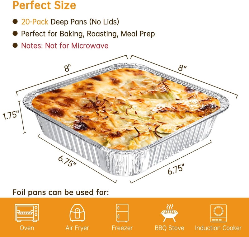 essart Aluminum Pans 8x8-20 Pack Disposable Foil Pans, Heavy Duty Aluminum Roasting Trays for Baking, Cooking, Heating, Storing, Prepping Food - Image 2
