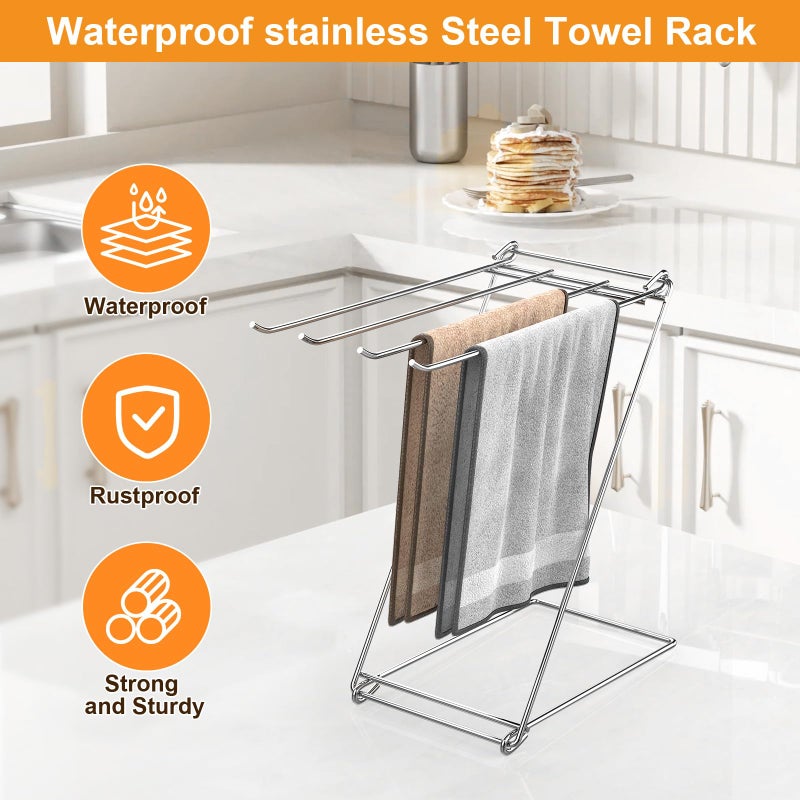 Seropy Kitchen Towel Holder Stand, 4-Arm Dish Towel Holder Countertop Towel Drying Rack for Bathroom, Free Standing Hand Towel Stand Washcloth Dish Cloth Drying Rack, Z-Shaped Folding Hanging Towel Bar Stand - Image 2