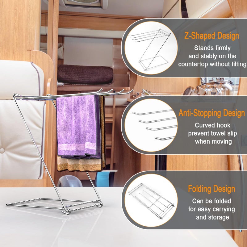 Seropy Kitchen Towel Holder Stand, 4-Arm Dish Towel Holder Countertop Towel Drying Rack for Bathroom, Free Standing Hand Towel Stand Washcloth Dish Cloth Drying Rack, Z-Shaped Folding Hanging Towel Bar Stand - Image 4