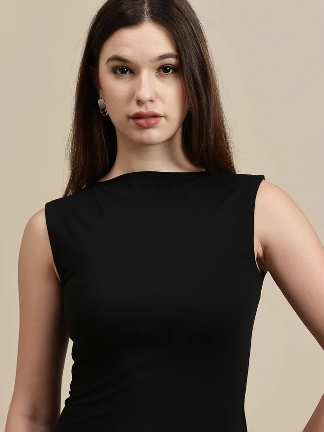 Ecolore black Black Solid Sleeveless Bodycon Mini Dress for Women | Best Price UAE