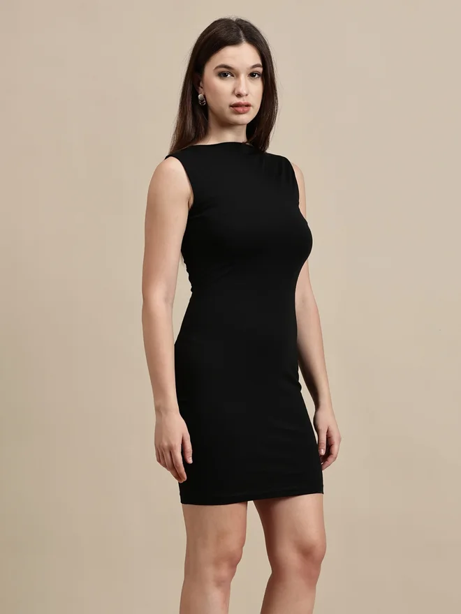 Ecolore black Black Solid Sleeveless Bodycon Mini Dress for Women | Best Price UAE