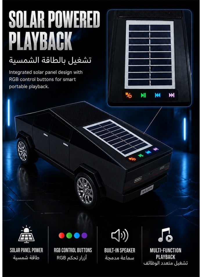 WSTER WS-699 10W Solar Wireless Car Speaker, Bluetooth 5.4 Portable Multimedia Speaker with FM Radio, RGB Lights & Cyber Truck Design - Black - Image 2