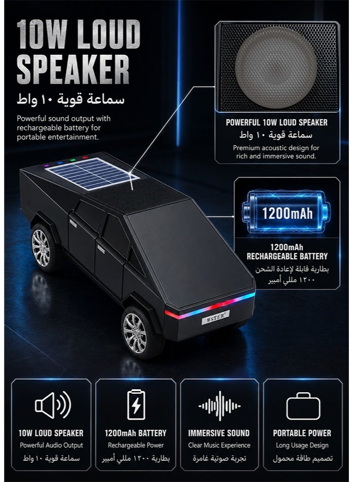 WSTER WS-699 10W Solar Wireless Car Speaker, Bluetooth 5.4 Portable Multimedia Speaker with FM Radio, RGB Lights & Cyber Truck Design - Black - Image 3