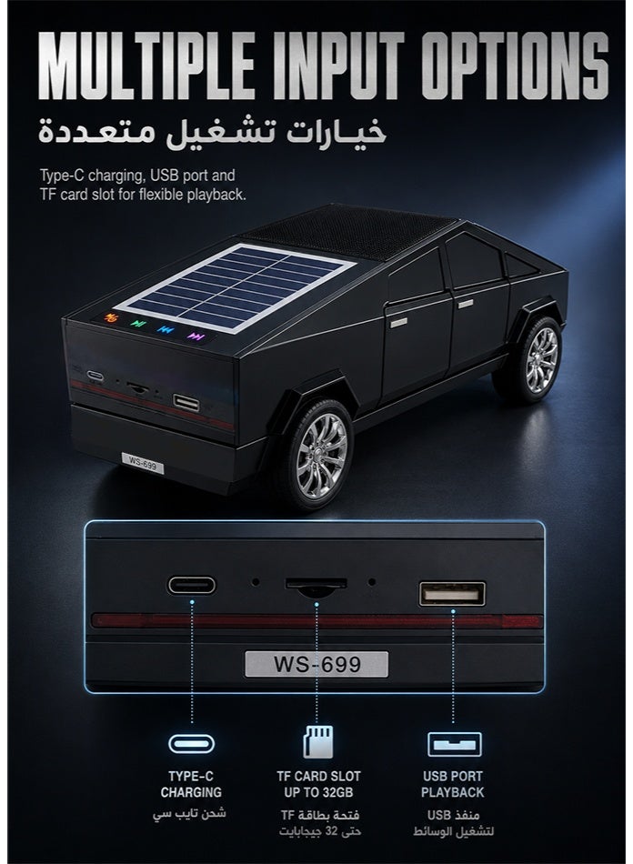 WSTER WS-699 10W Solar Wireless Car Speaker, Bluetooth 5.4 Portable Multimedia Speaker with FM Radio, RGB Lights & Cyber Truck Design - Black - Image 5