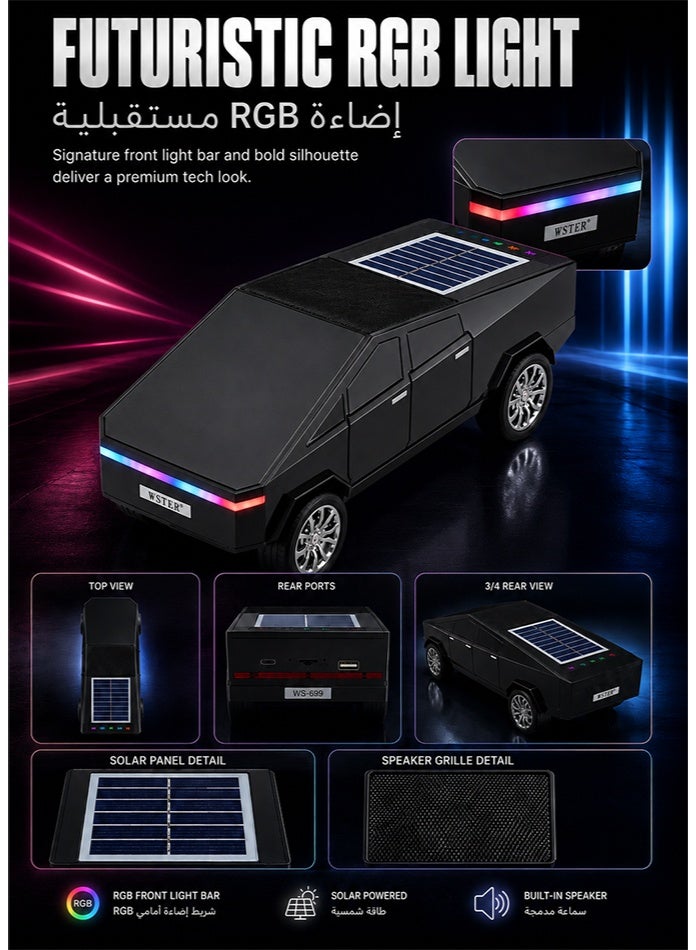 WSTER WS-699 10W Solar Wireless Car Speaker, Bluetooth 5.4 Portable Multimedia Speaker with FM Radio, RGB Lights & Cyber Truck Design - Black - Image 4