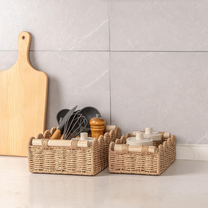CubesLand Paper Rope Scalloped Edge Decor Baskets for Home, Living Room, Bedroom, Toilet Basket for Over Toilet Storage Shelf, End Table, Shelves and More, Both Storage&Decor, Set 2 Neutral - Image 3