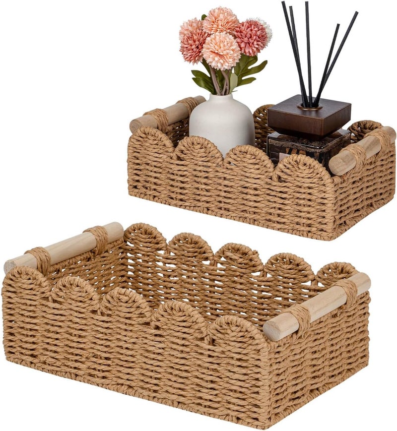 CubesLand Paper Rope Scalloped Edge Decor Baskets for Home, Living Room, Bedroom, Toilet Basket for Over Toilet Storage Shelf, End Table, Shelves and More, Both Storage&Decor, Set 2 Neutral - Image 1