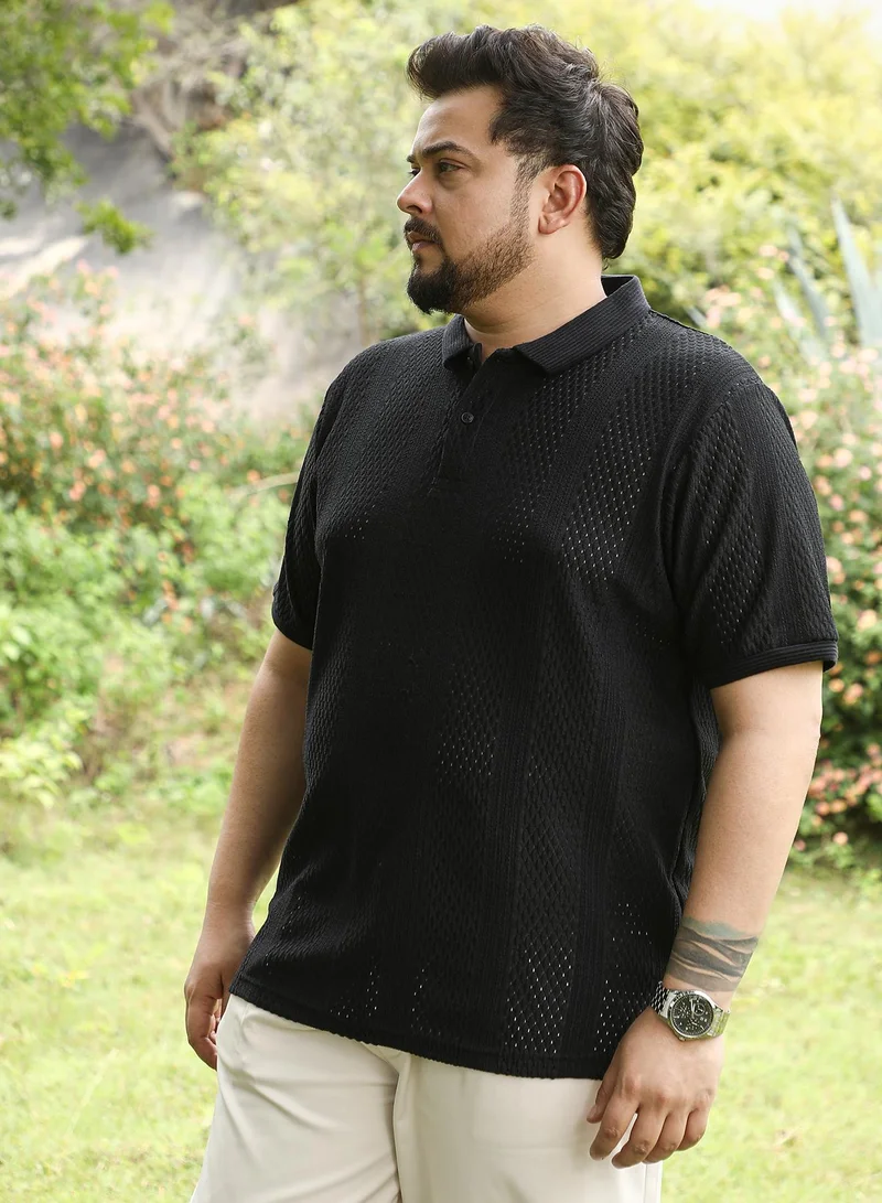 انستافاب بلس Instafab Plus Men Marquise-Panel Jacquard Polo T-Shirt | Jacquard Polo Neck , Short Jacquard Cuff Sleeves | Half-Button Closure , Straight Hem | Jacquard Knit Fabric For Casual & Daily Wear | Black