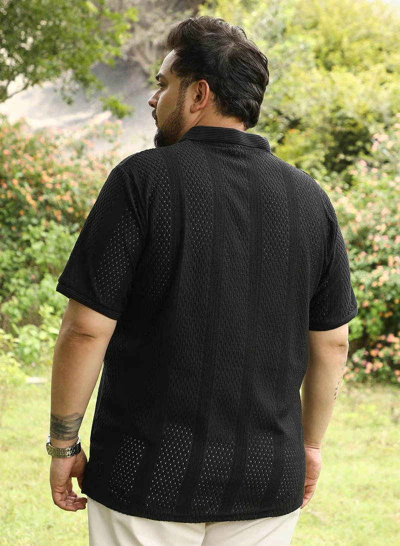 انستافاب بلس Instafab Plus Men Marquise-Panel Jacquard Polo T-Shirt | Jacquard Polo Neck , Short Jacquard Cuff Sleeves | Half-Button Closure , Straight Hem | Jacquard Knit Fabric For Casual & Daily Wear | Black