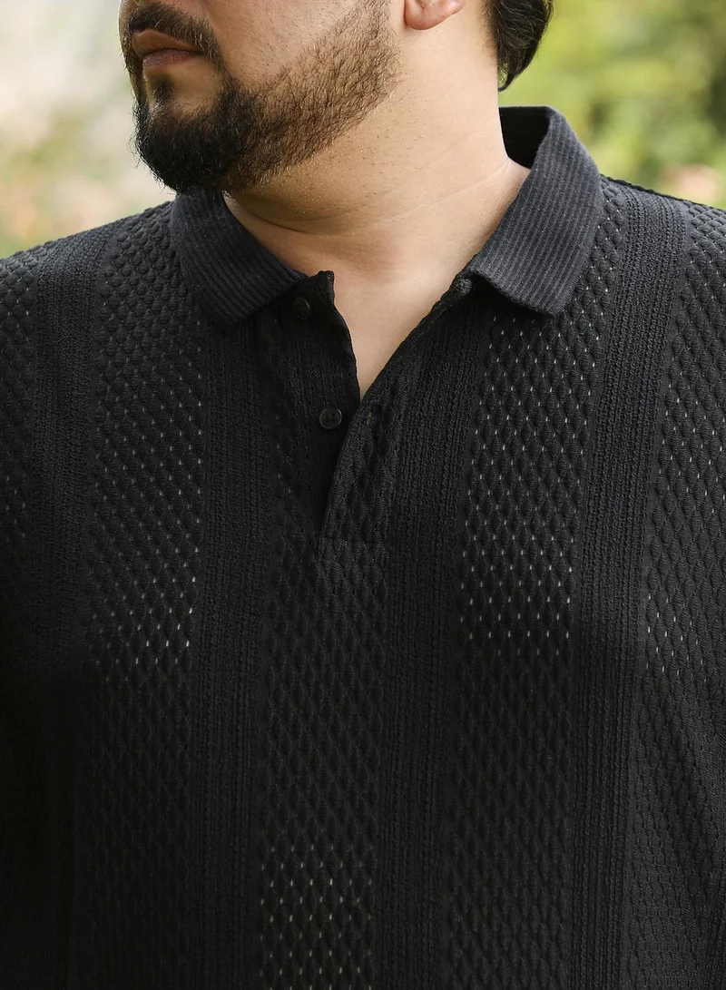 انستافاب بلس Instafab Plus Men Marquise-Panel Jacquard Polo T-Shirt | Jacquard Polo Neck , Short Jacquard Cuff Sleeves | Half-Button Closure , Straight Hem | Jacquard Knit Fabric For Casual & Daily Wear | Black