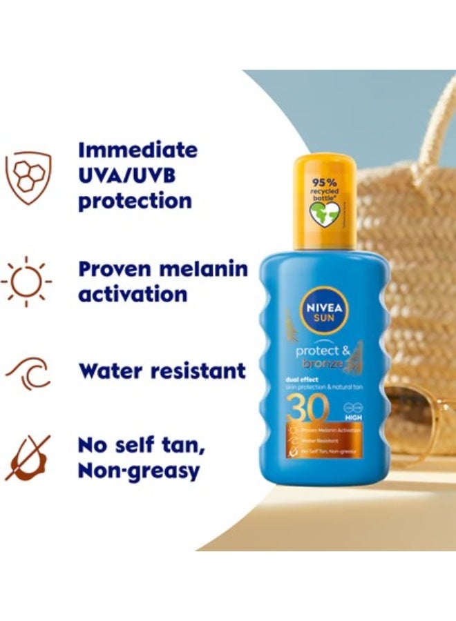 نيفيا بخاخ واقي من الشمس وبرونزر مزدوج المفعول بعامل حماية من الشمس 30، 200 ملNivea Sun Protect & Bronze Double Action Spray SPF30 200 ml is a SPF30 tan-activating sun spray with a dual-action formula, providing ideal protection against UVA/UVB rays. Enriched with pro-melanin extract, it stimulates skin melanin for a natural tan. Its non-greasy composition makes it pleasant to apply without stickiness, while its water resistance makes it suitable for outdoor activities. Dermatologically tested. - Image 2