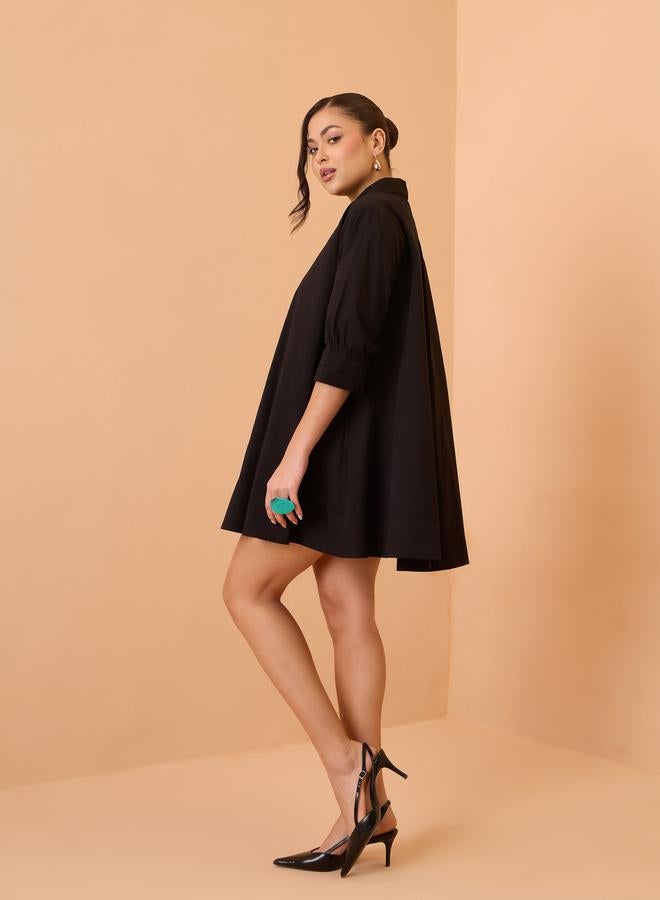 SASSAFRAS Black Poplin Flared Mini Dress - Image 2