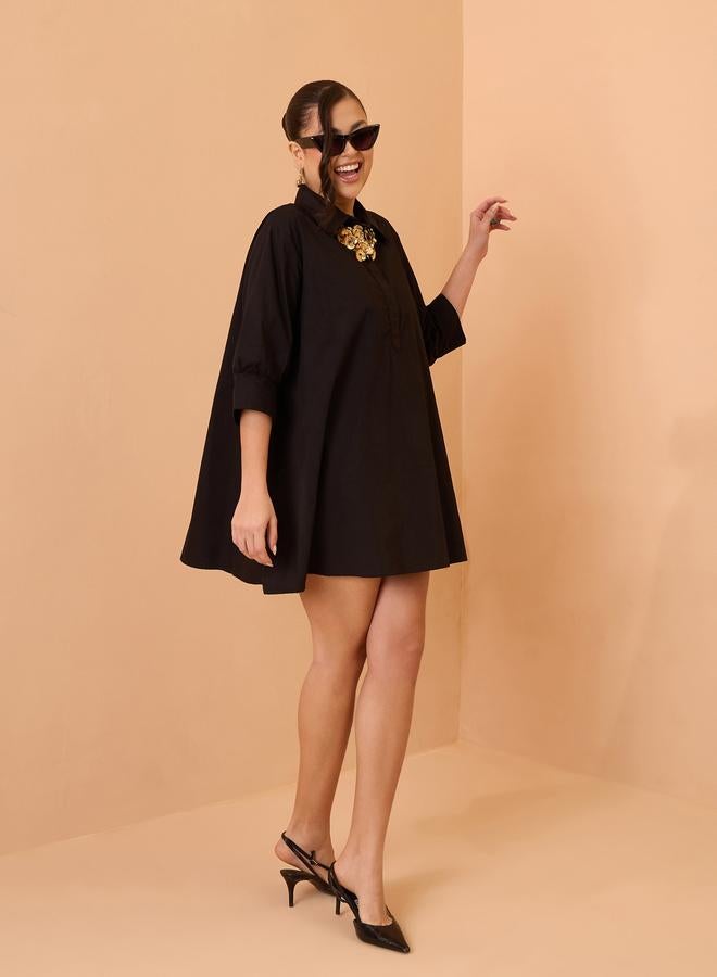 SASSAFRAS Black Poplin Flared Mini Dress - Image 5