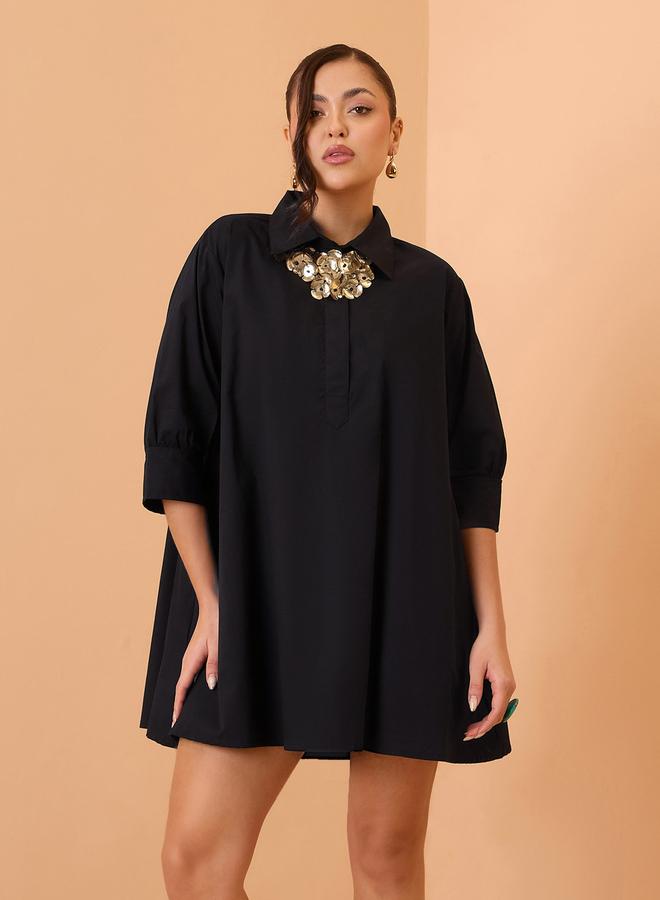 SASSAFRAS Black Poplin Flared Mini Dress - Image 1