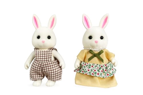 OLEOCA Family White Rabbit Figures Set of 2 Collectible Flocked Mini Dolls with Removable Clothes Miniature Dollhouse Pretend Play Figures for Kids Ages 3 - Image 1