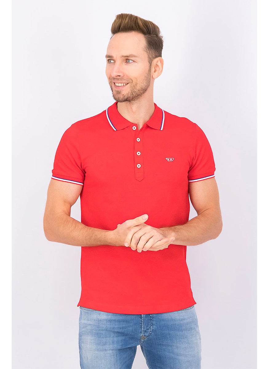 DIESEL Men Regular Fit Short Sleeves Embroidered Polo, Red  - Image 1