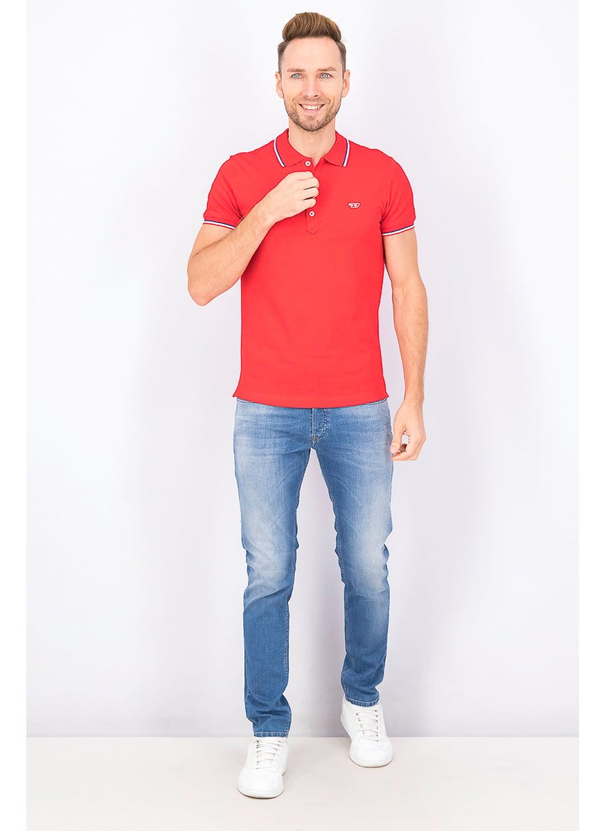 DIESEL Men Regular Fit Short Sleeves Embroidered Polo, Red  - Image 3