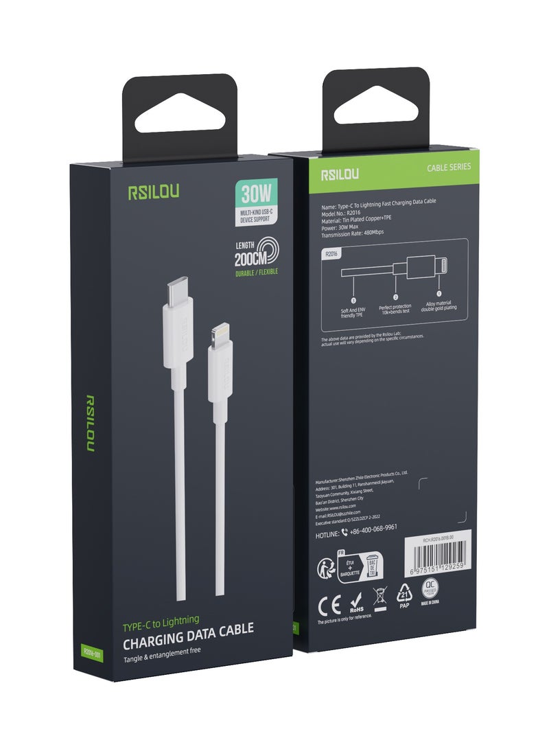 rsilou R2016-001 Lighting to USB-C Cable, 30W, High Durability and Flexible, Fast charging and data cable, 2M, Transmission Copper Wires speed Rate 480Mbps, Tangle and Entanglement free, white - Image 2