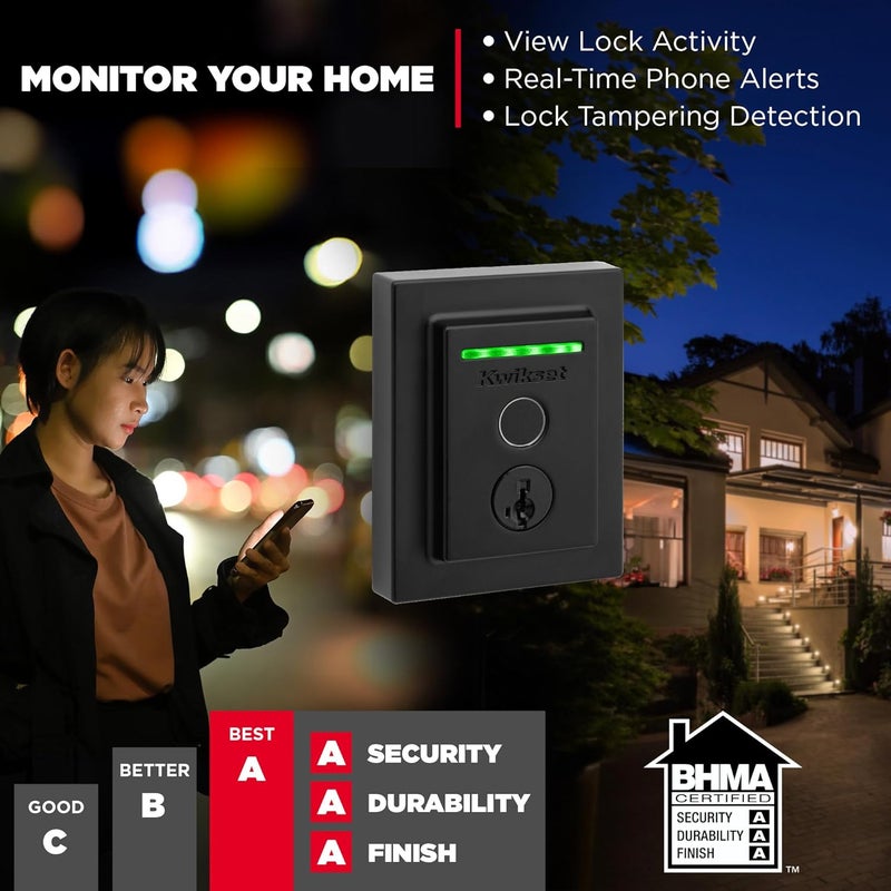 Kwikset قفل كويكست هالو الذكي بتقنية بصمة الإصبع وواي فاي بدون مفتاح دخول منخفض الملف الشخصي قفل ميت منطقة جغرافية فتح تلقائي معتمد من الدرجة AAA بدون محور سهل التركيب تشطيب أسود غير لامع ضمان مدى الحياة مربع - Image 5