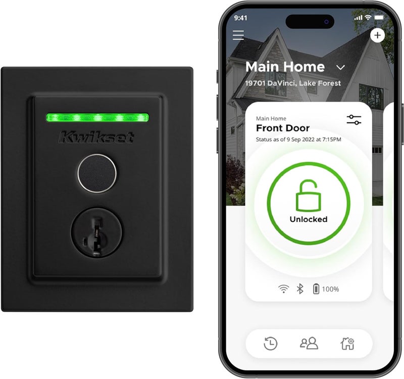 Kwikset قفل كويكست هالو الذكي بتقنية بصمة الإصبع وواي فاي بدون مفتاح دخول منخفض الملف الشخصي قفل ميت منطقة جغرافية فتح تلقائي معتمد من الدرجة AAA بدون محور سهل التركيب تشطيب أسود غير لامع ضمان مدى الحياة مربع - Image 1