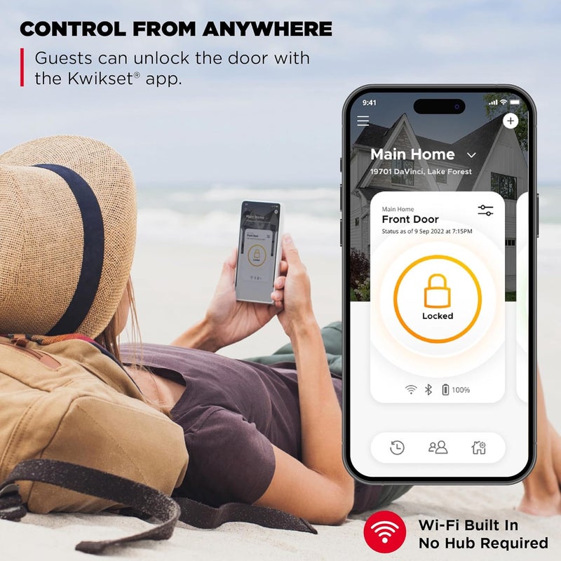 Kwikset قفل كويكست هالو الذكي بتقنية بصمة الإصبع وواي فاي بدون مفتاح دخول منخفض الملف الشخصي قفل ميت منطقة جغرافية فتح تلقائي معتمد من الدرجة AAA بدون محور سهل التركيب تشطيب أسود غير لامع ضمان مدى الحياة مربع - Image 3
