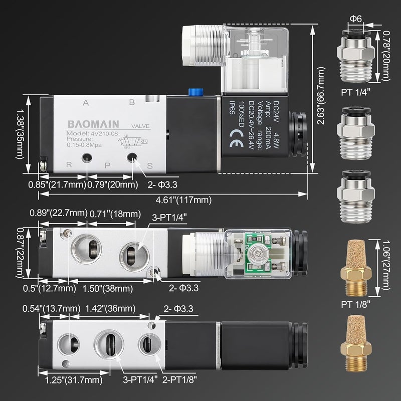 Baomain مجموعة صمام كهربائي هوائي 4V210-08، 24V DC 5/2 طريق 1/4" PT منفذ، تشمل 3x تركيبات دفع لخرطوم 6mm و 2x كواتم صوت للتنفيس - Image 2