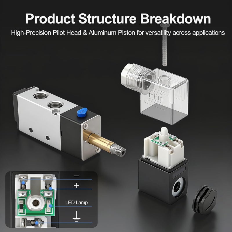 Baomain مجموعة صمام كهربائي هوائي 4V210-08، 24V DC 5/2 طريق 1/4" PT منفذ، تشمل 3x تركيبات دفع لخرطوم 6mm و 2x كواتم صوت للتنفيس - Image 5