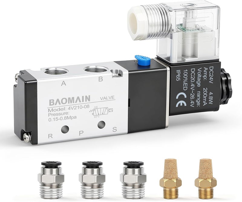 Baomain مجموعة صمام كهربائي هوائي 4V210-08، 24V DC 5/2 طريق 1/4" PT منفذ، تشمل 3x تركيبات دفع لخرطوم 6mm و 2x كواتم صوت للتنفيس - Image 1