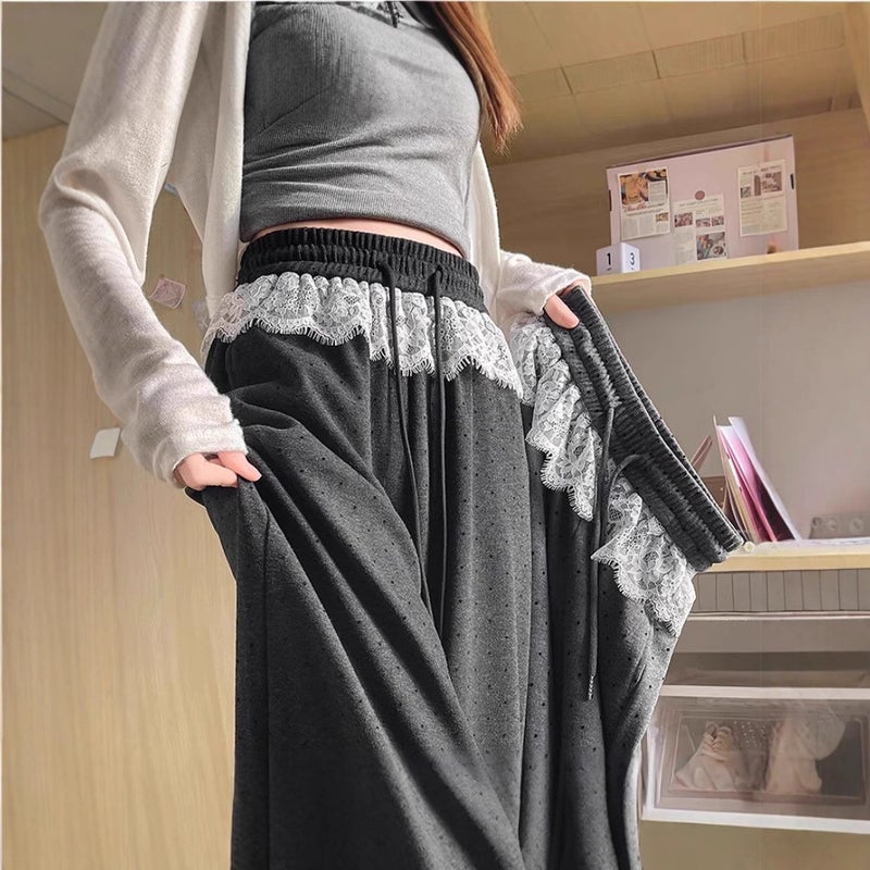 Lace Trim Polka Dot Wide Leg Pants for Women - Image 1