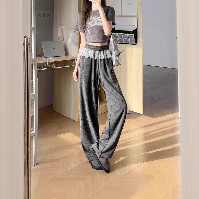 Lace Trim Polka Dot Wide Leg Pants for Women - Image 4