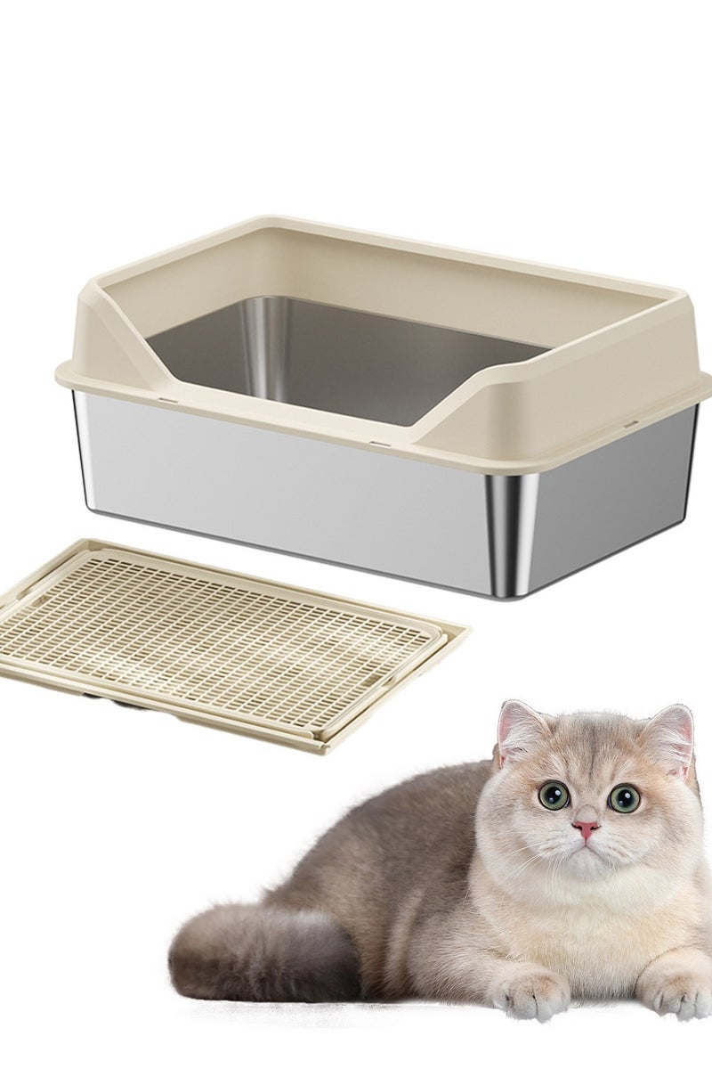 كيدل صندوق قمامة قطط من الفولاذ المقاوم للصدأ، صندوق قمامة قطط معدني كبير السعة مع جدار مرتفع وباب جانبي شبه مغلق 50*35*15 سم - Image 1