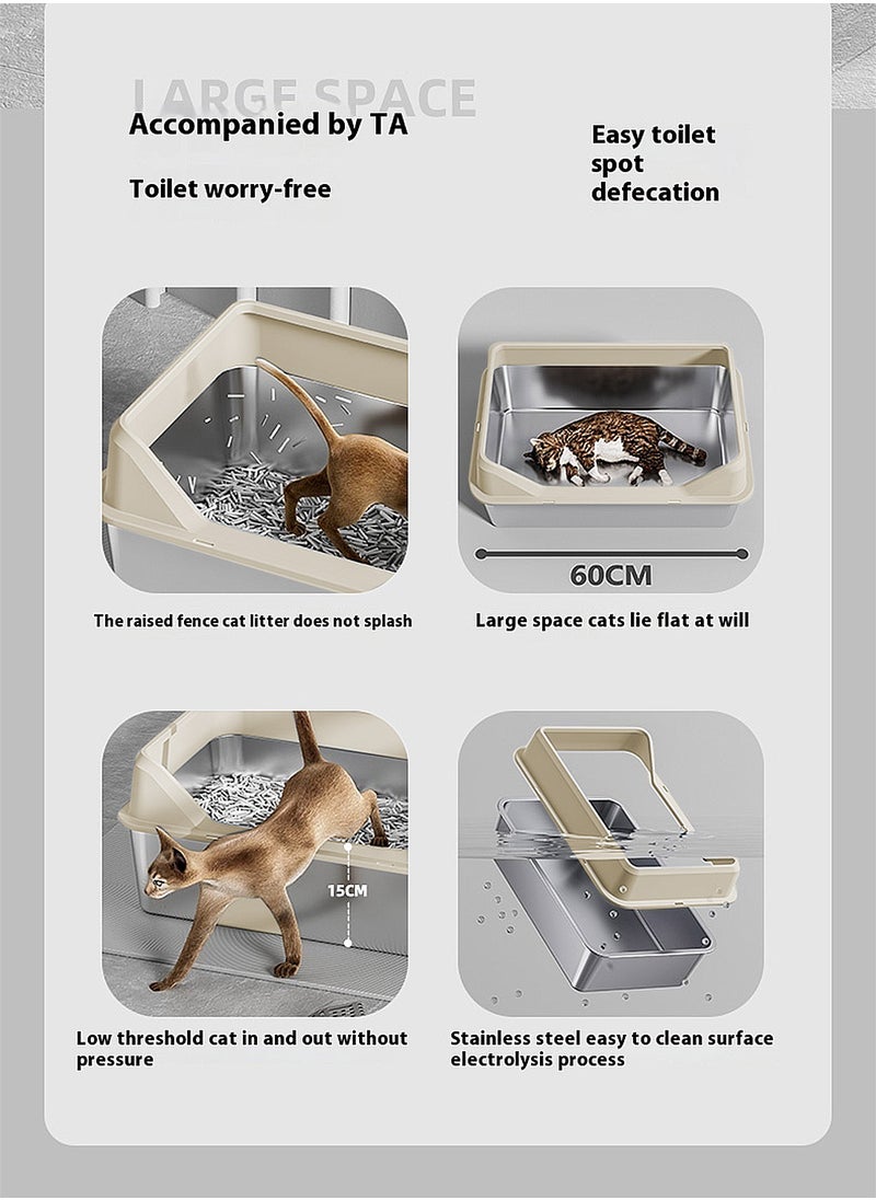Kidle - Stainless Steel Pet Cat Litter Box Metal Large Capacity Cat Litter Box Tray With High Wall Semi-Enclosed Side Door 50*35*15cm - Image 1