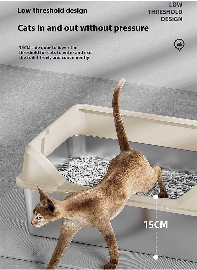 Kidle - Stainless Steel Pet Cat Litter Box Metal Large Capacity Cat Litter Box Tray With High Wall Semi-Enclosed Side Door 50*35*15cm - Image 1