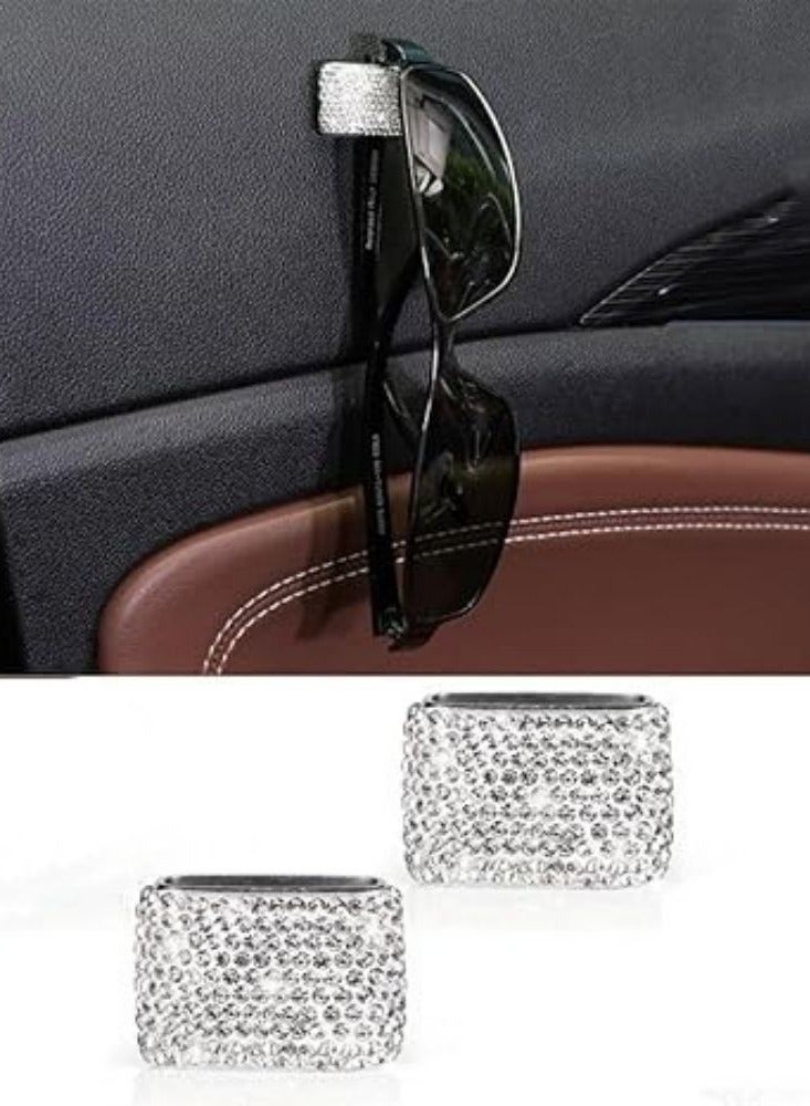 SOLARAE 2 PCS Car Sunglasses Holder Glasses Eyeglasses Hanger Hooks White Bling Diamond Rhinestone Decorations for Car Dashboard Door Decors - Image 1