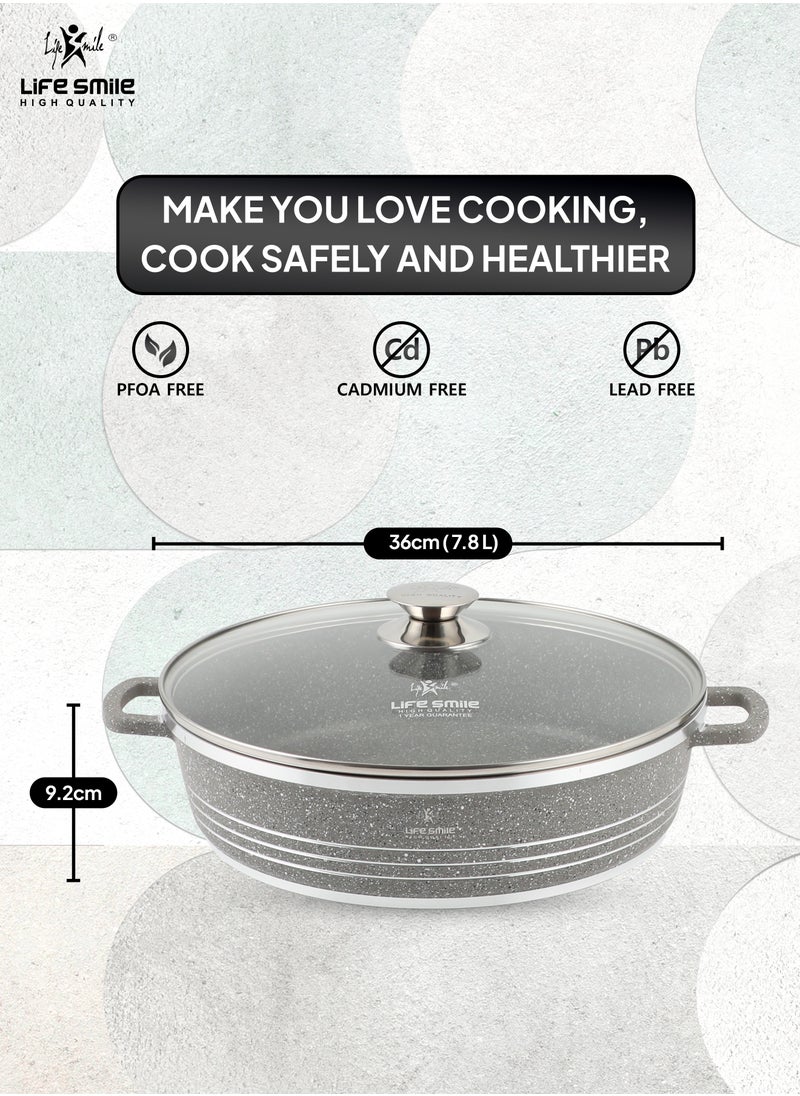Life Smile 36cm (7.8 Liter) LIFE SMILE Shallow Pot with Lid | Non Stick PFOA FREE Granite Coating Frying Pan | Oven Safe | Dishwasher Safe | Double Handle (36 CM (Grey)  - Image 3
